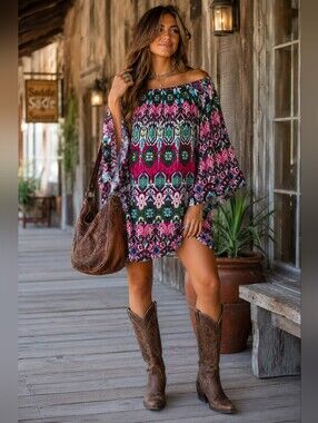 Wrangler Off-Shoulder Mini Dress in Pink Multi Floral Print